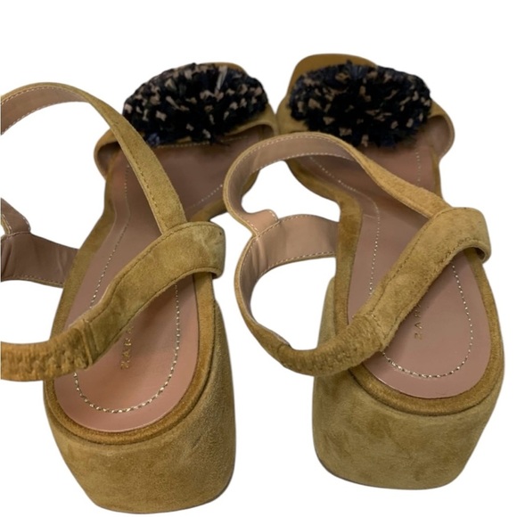 Zara Tan Raffia Pom Pom Suede Sandals- 7 - Picture 4 of 9